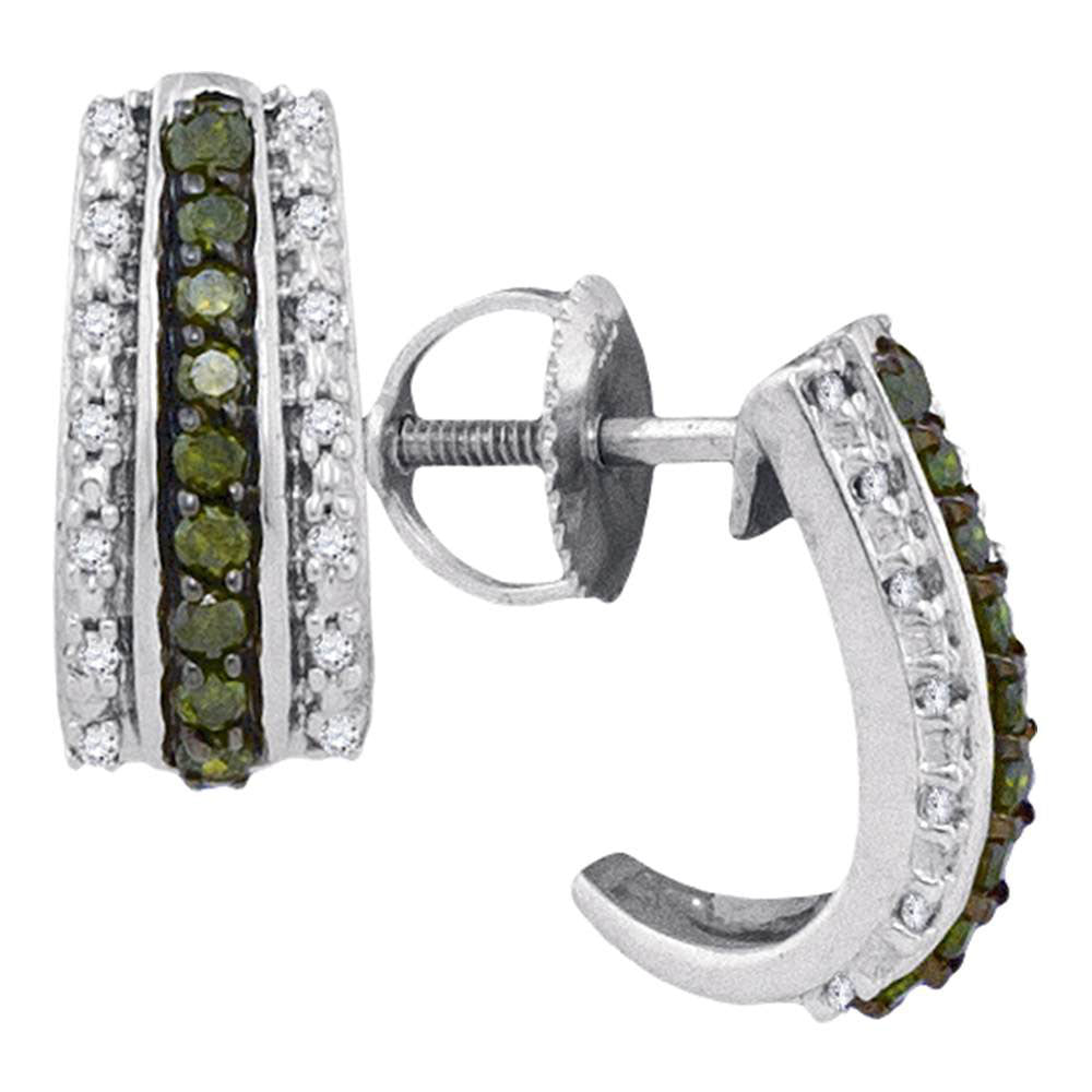 10kt White Gold Womens Round Green Color Enhanced Diamond Half J Hoop Earrings 1/3 Cttw