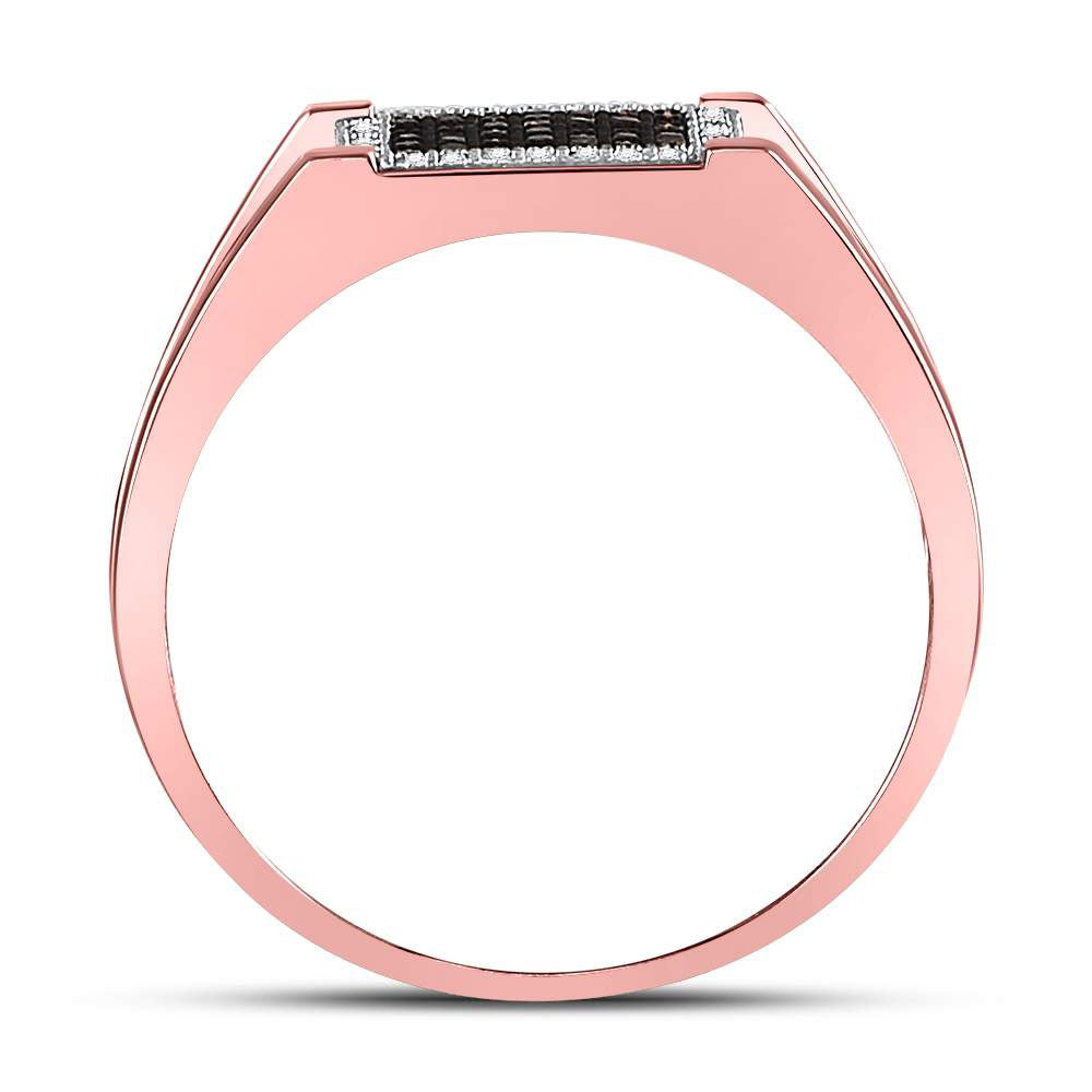 10kt Rose Gold Mens Round Red Color Enhanced Diamond Rectangle Cluster Ring 1/5 Cttw