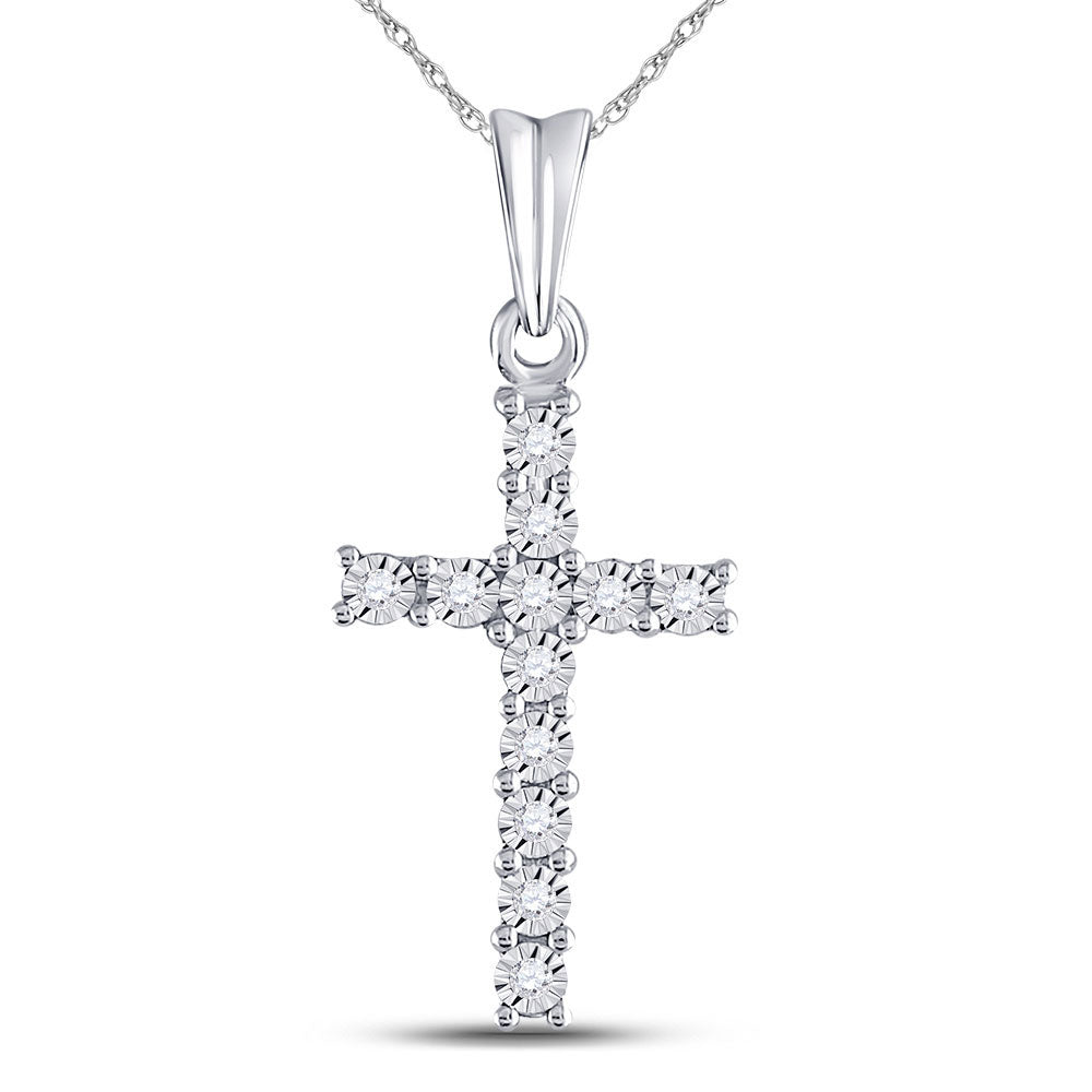 10kt White Gold Womens Round Diamond Cross Pendant 1/20 Cttw