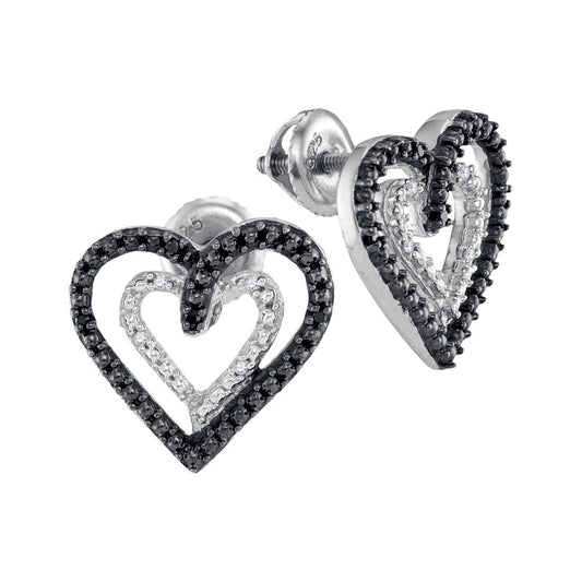 Sterling Silver Womens Round Black Color Enhanced Diamond Heart Earrings 1/20 Cttw