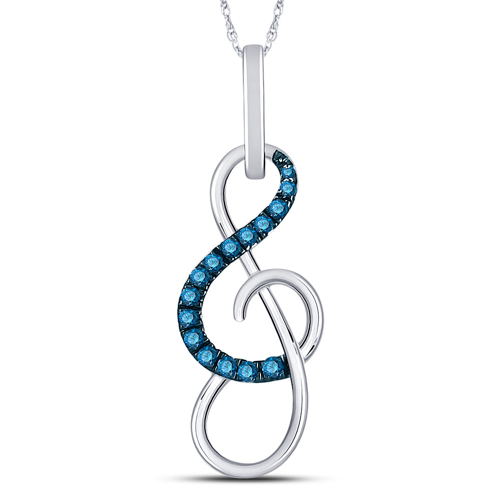 10kt White Gold Womens Round Blue Color Enhanced Diamond Treble Clef Music Pendant 1/10 Cttw