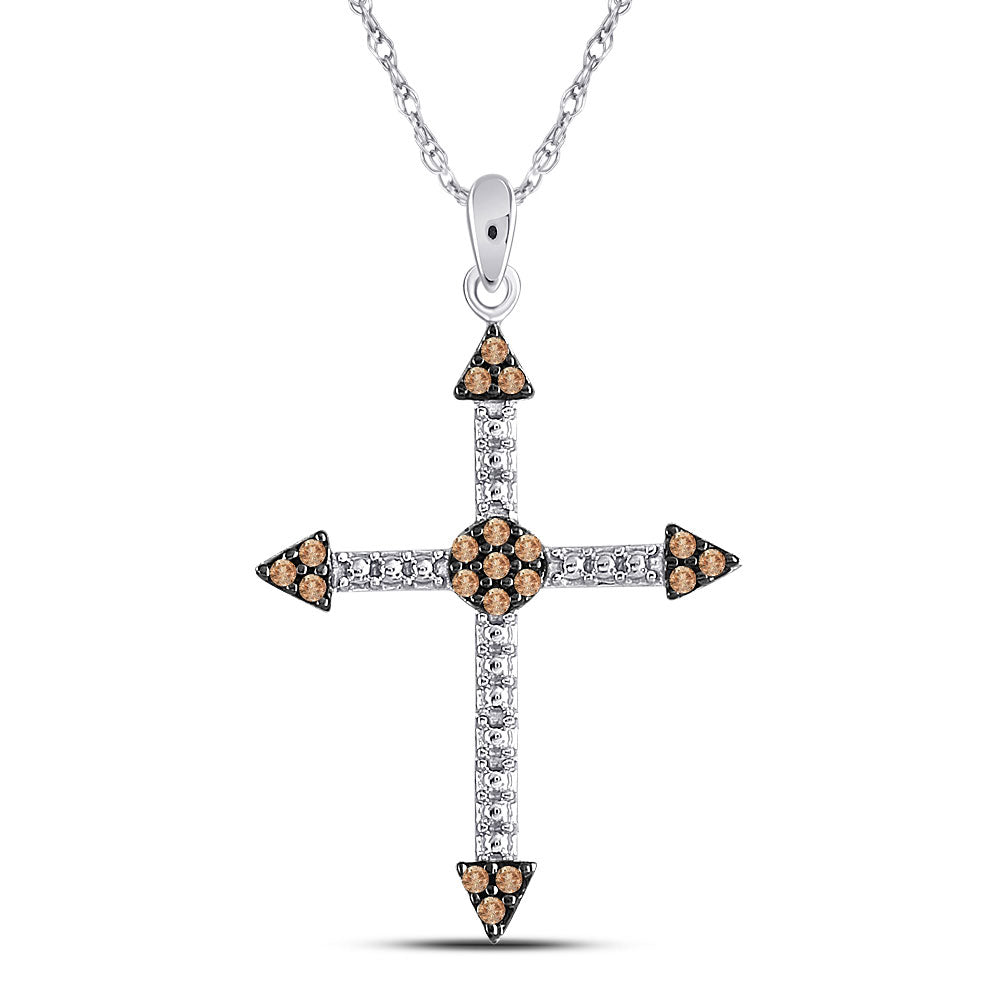 10kt White Gold Womens Round Brown Diamond Cross Beaded Pendant 1/6 Cttw