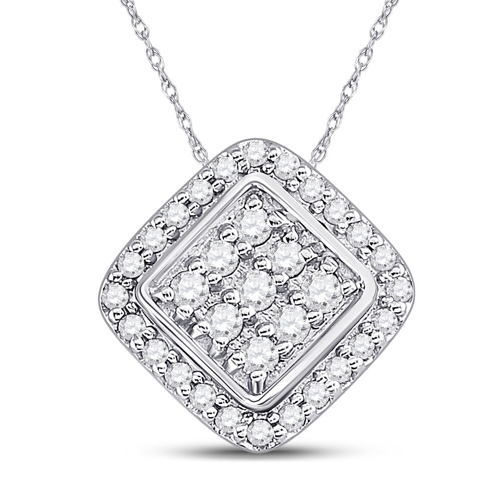 10kt White Gold Womens Round Diamond Diagonal Square Frame Cluster Pendant 1/4 Cttw