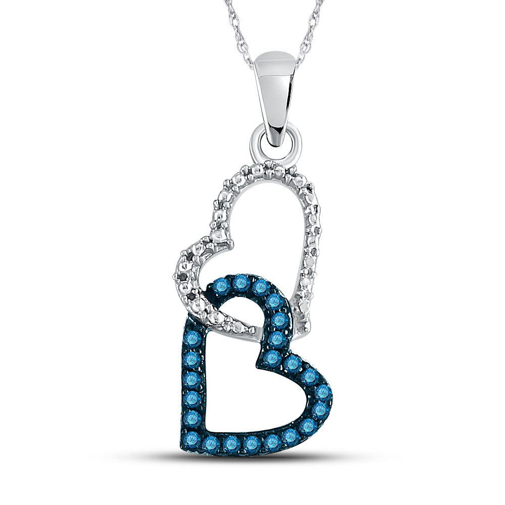 10kt White Gold Womens Round Blue Color Enhanced Diamond Double Heart Dangle Pendant 1/6 Cttw