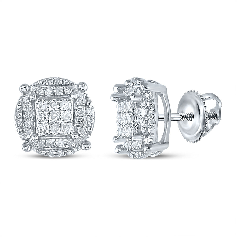 10kt White Gold Mens Round Diamond Cluster Earrings 1/4 Cttw