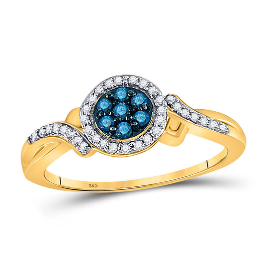 10kt Yellow Gold Womens Round Blue Color Enhanced Diamond Cluster Ring 1/4 Cttw
