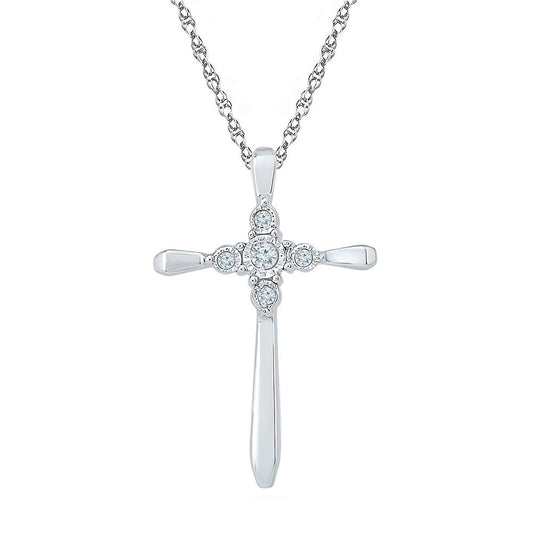 10kt White Gold Womens Round Diamond Cross Religious Pendant 1/20 Cttw