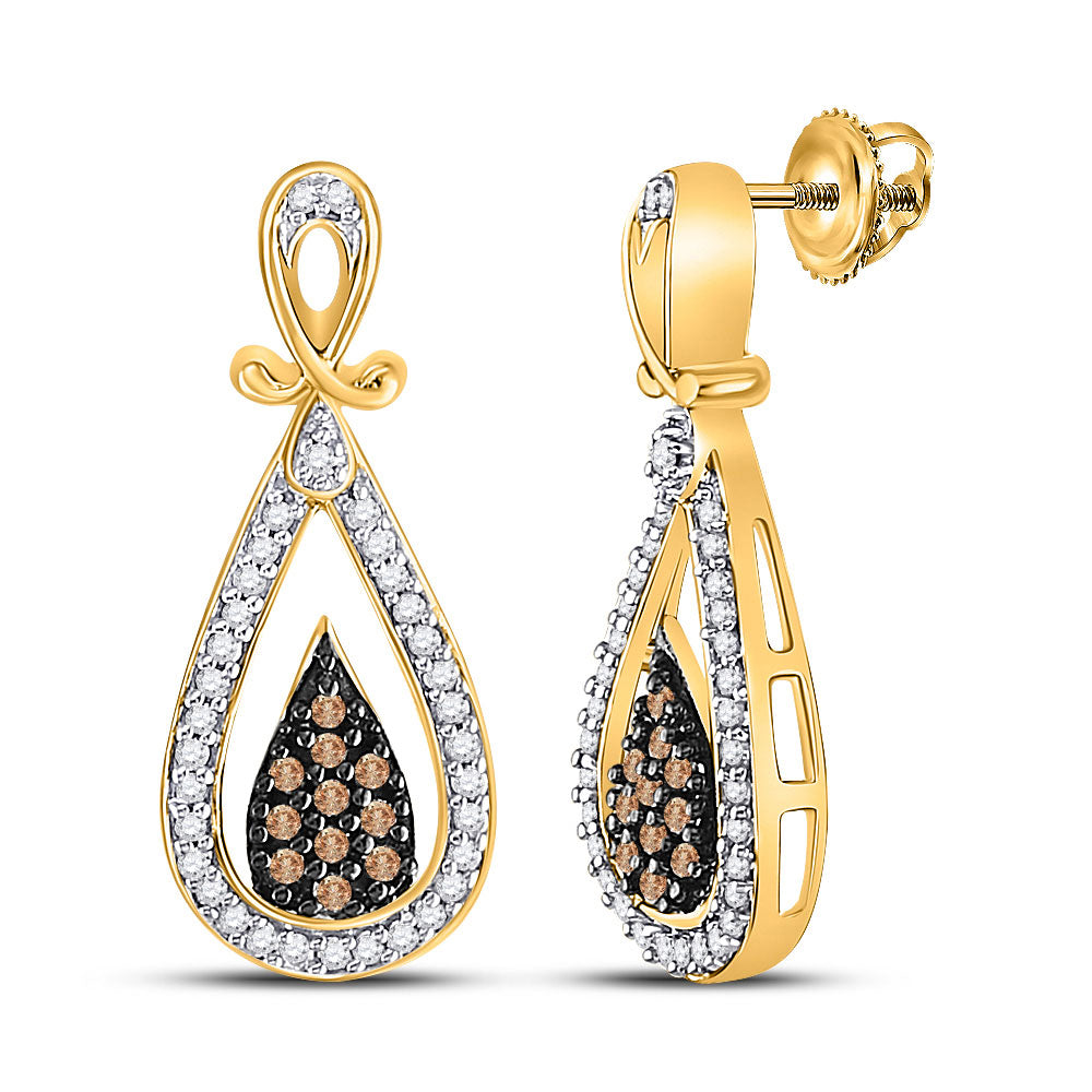 10kt Yellow Gold Womens Round Brown Diamond Teardrop Dangle Earrings 1/3 Cttw