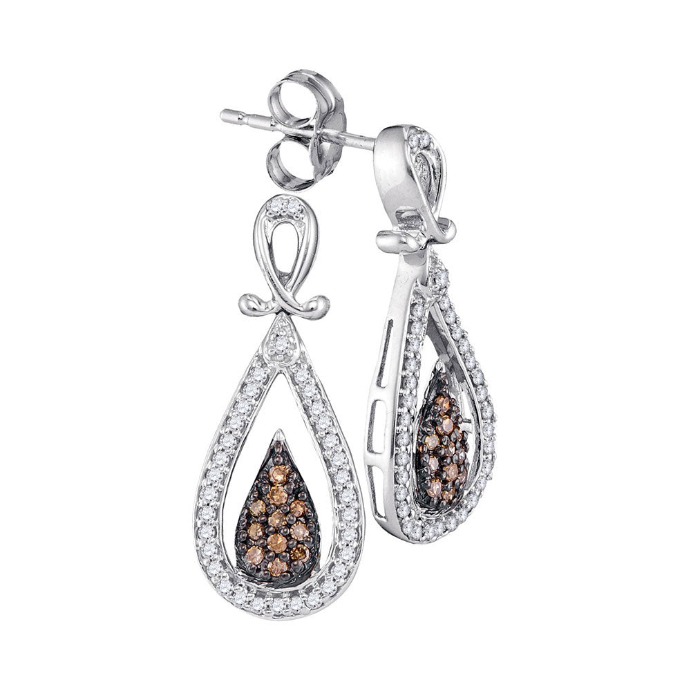 10kt White Gold Womens Round Brown Diamond Teardrop Dangle Earrings 1/3 Cttw