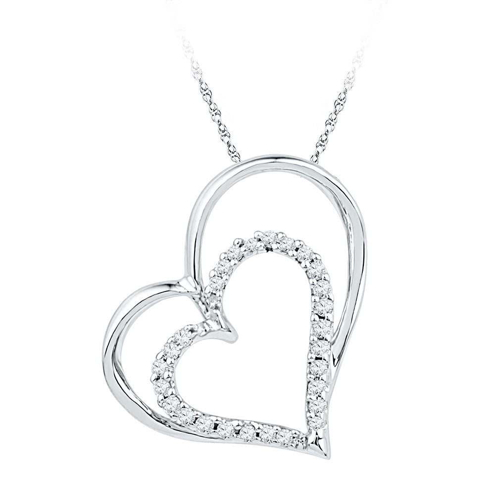 10kt White Gold Womens Round Diamond Double Heart Outline Pendant 1/8 Cttw