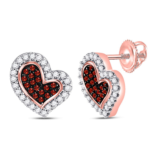 10kt Rose Gold Womens Round Red Color Enhanced Diamond Heart Stud Earrings 1/6 Cttw
