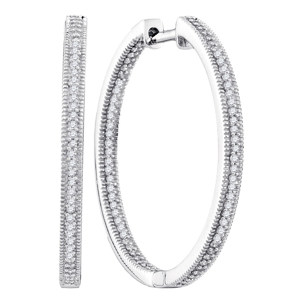 10kt White Gold Womens Round Diamond Inside Outside Hoop Earrings 1/2 Cttw