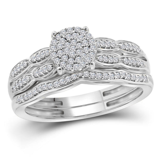 10kt White Gold Round Diamond Cluster Bridal Wedding Ring Band Set 1/4 Cttw