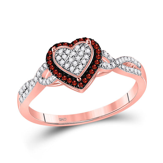 10kt Rose Gold Womens Round Red Color Enhanced Diamond Heart Cluster Twist Ring 1/5 Cttw