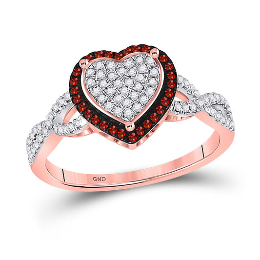 10kt Rose Gold Womens Round Red Color Enhanced Diamond Heart Ring 1/3 Cttw