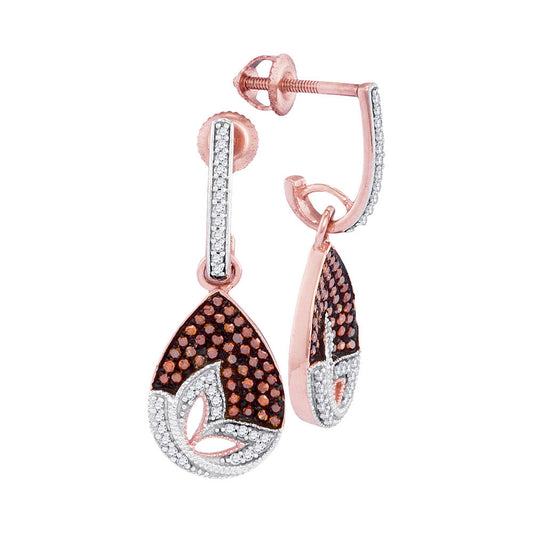 10kt Rose Gold Womens Round Red Color Enhanced Diamond Teardrop Dangle Earrings 3/8 Cttw