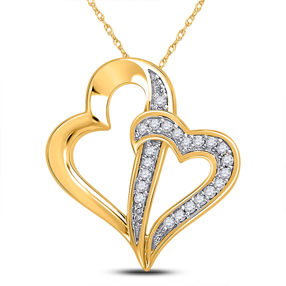 10kt Yellow Gold Womens Round Diamond Double Linked Heart Pendant 1/20 Cttw