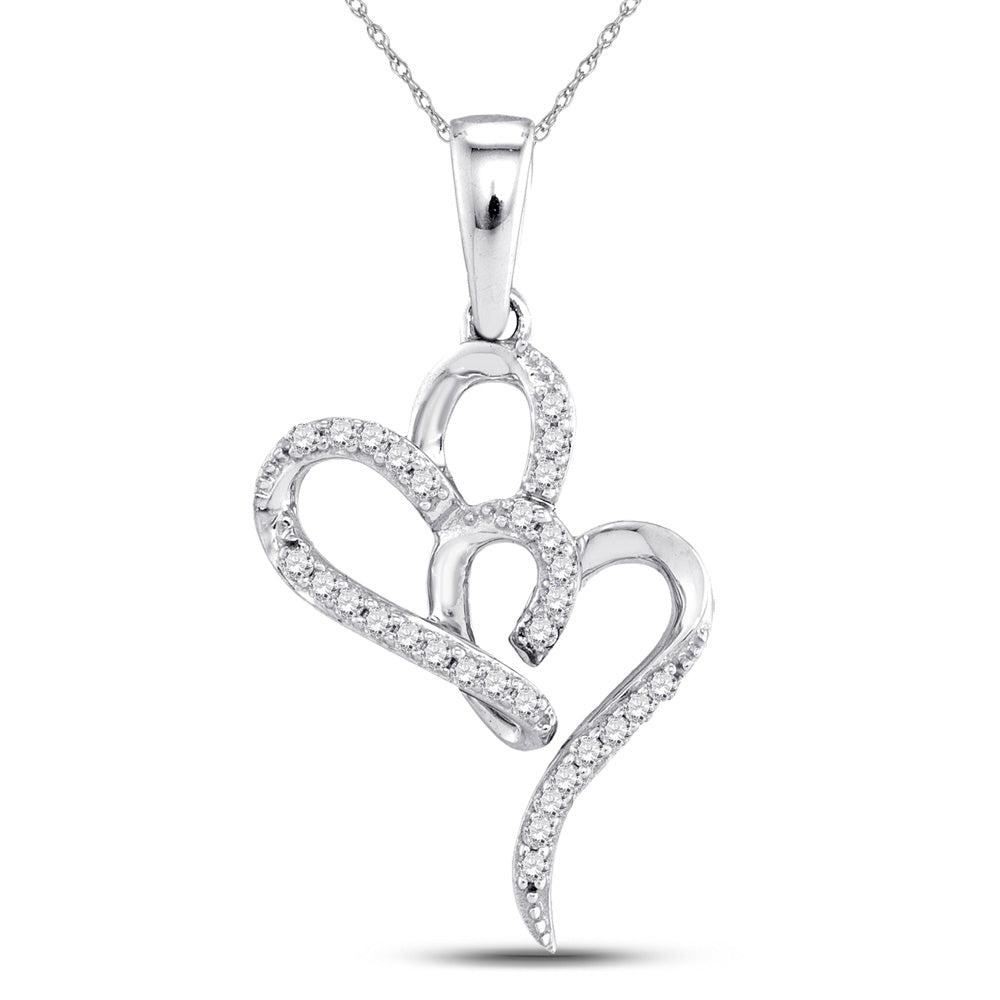 10kt White Gold Womens Round Diamond Double Heart Pendant 1/10 Cttw