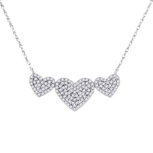 10kt White Gold Womens Round Diamond Triple Heart Necklace 3/8 Cttw