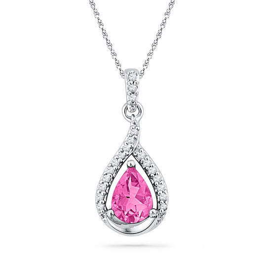 10kt White Gold Womens Pear Lab-Created Pink Sapphire Solitaire Diamond Pendant 1-5/8 Cttw