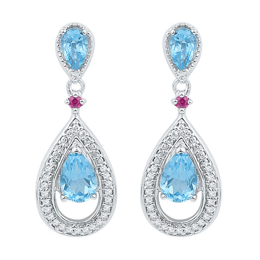 10kt White Gold Womens Oval Lab-Created Blue Topaz Diamond Dangle Earrings 1-5/8 Cttw